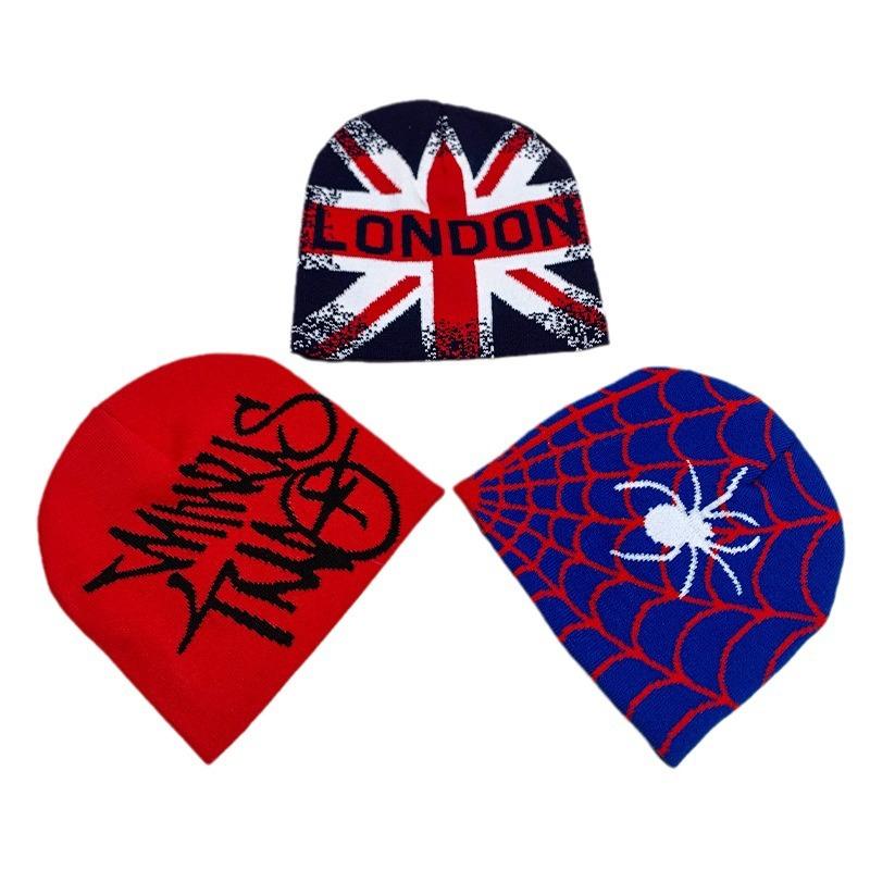 New European and American popular alphabet flame spider skull knitted hat men and women autumn and winter personality hip hop warm