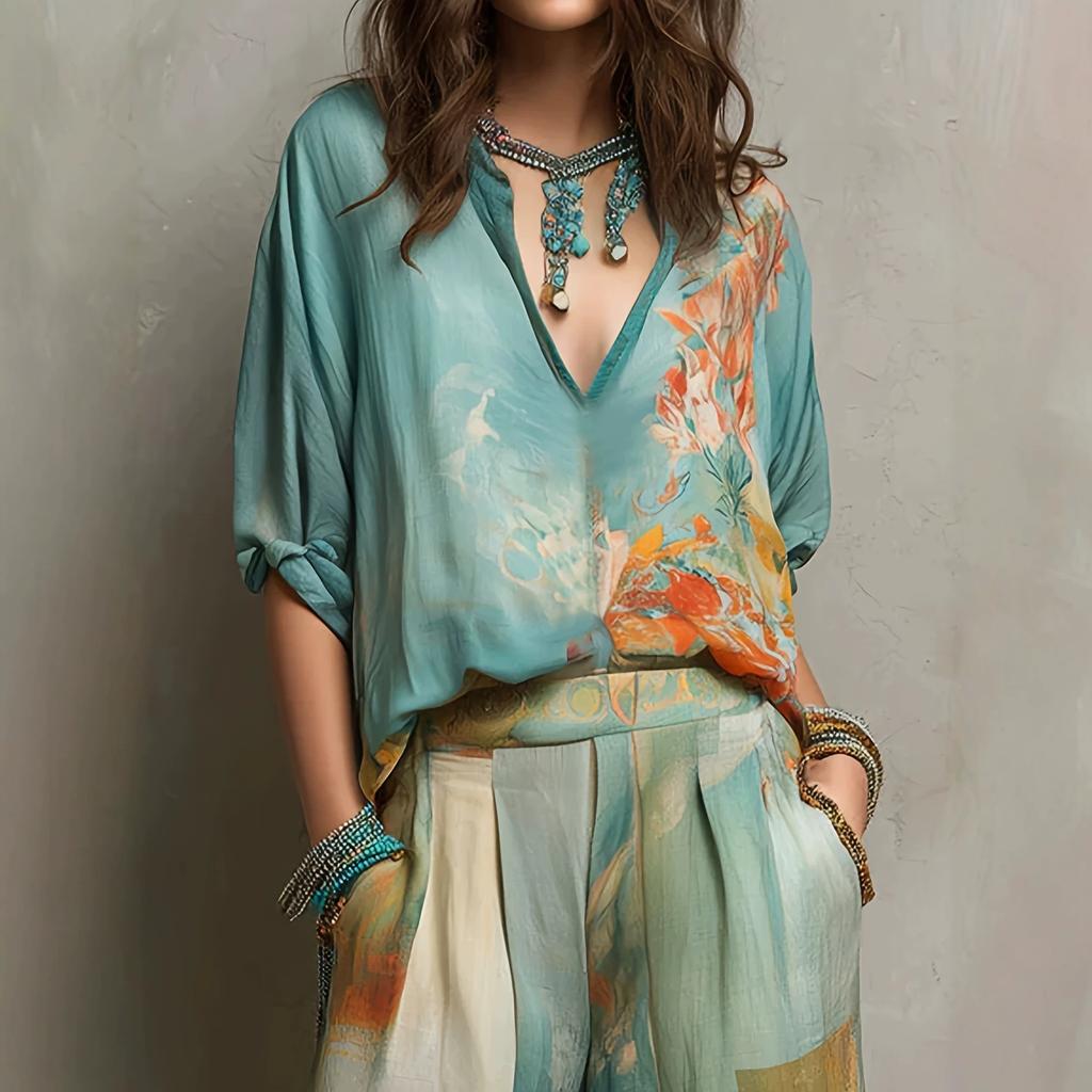 Womens V Neck Floral Print Tie Waist Wide Leg Pants Set