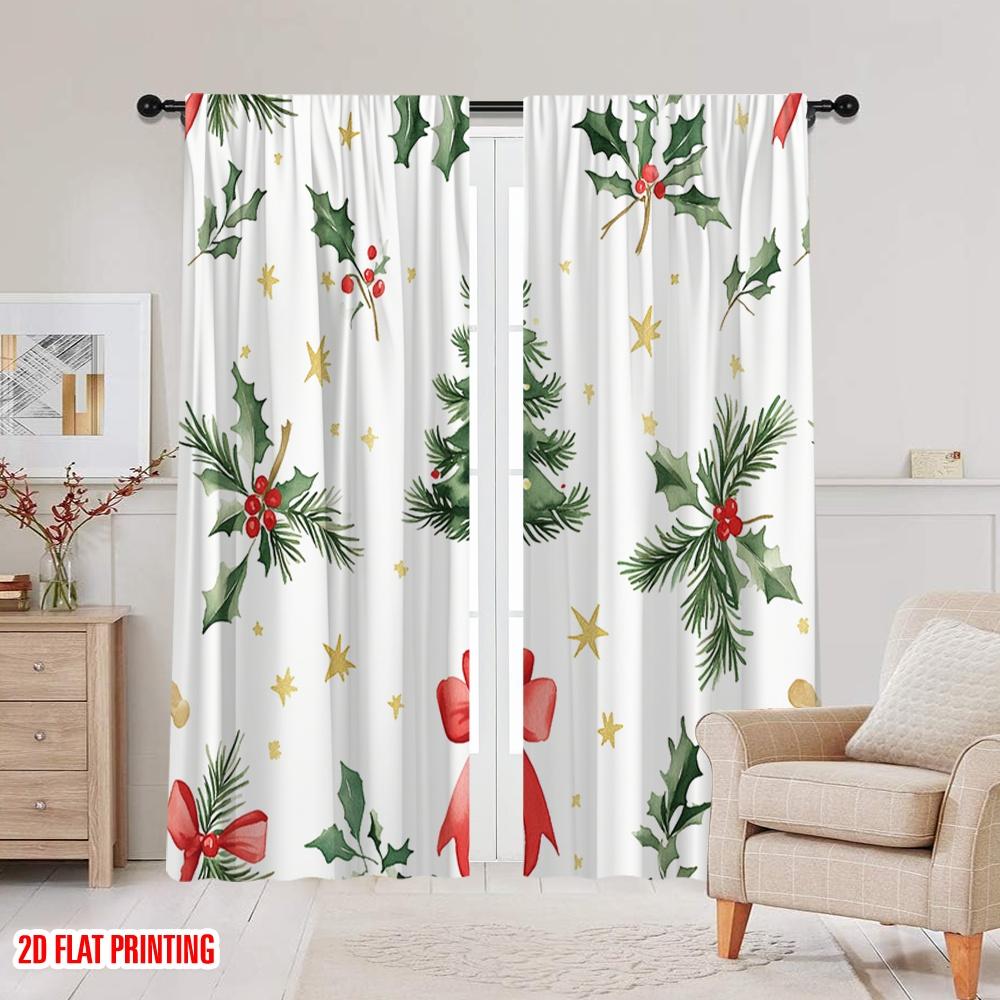 2 Stück, 2D-Flachdruck Kreative Vorhänge Weihnachtsbaum Schleife Beere (3) Vielseitiges, strapazierfähiges Polyester (ohne Stange) Dekorationen Für