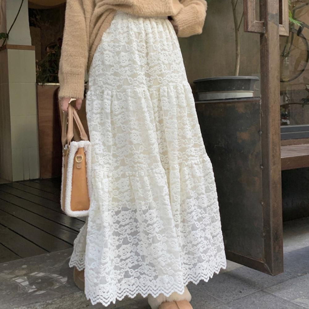 Fleece-Lined Lace Tiered Long Skirt – Cream/Black, From Korea