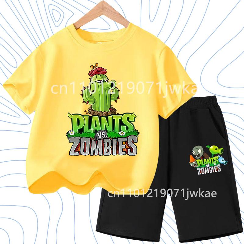 Children's Plants Vs. Zombies Short-Sleeved T-Shirt Set Cotton Summer Fashion Comfortable Top+pants for Boys and Girls