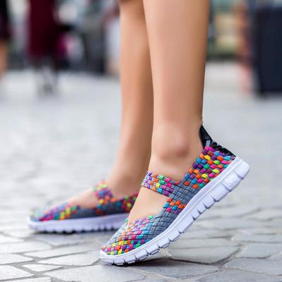 Lightweight Elastic Band Woven Shoes for Middle-Aged & Elderly Women, Plus Size 42-43, Flat Casual Mom Shoes.