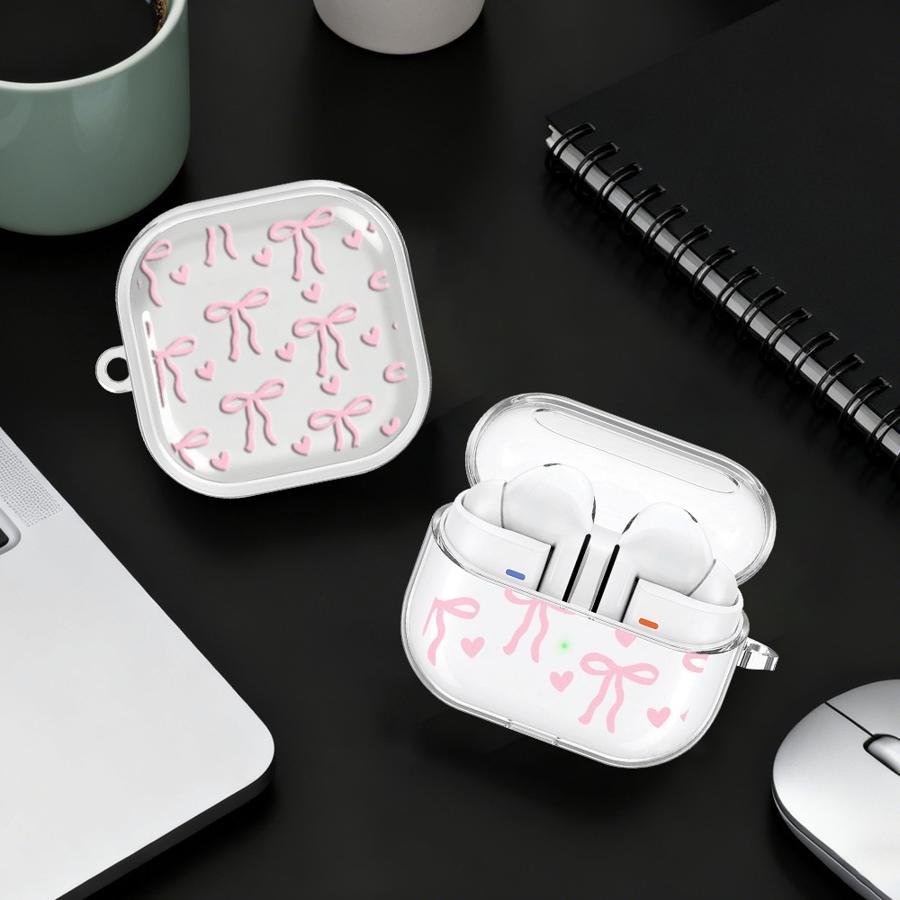 Cute Pink Heart Bow Case For Samsung Galaxy Buds 4Pro 3Pro 3 FE 4 Pro 2Pro Live 2 Clear Earphone Cases Cover With Hook
