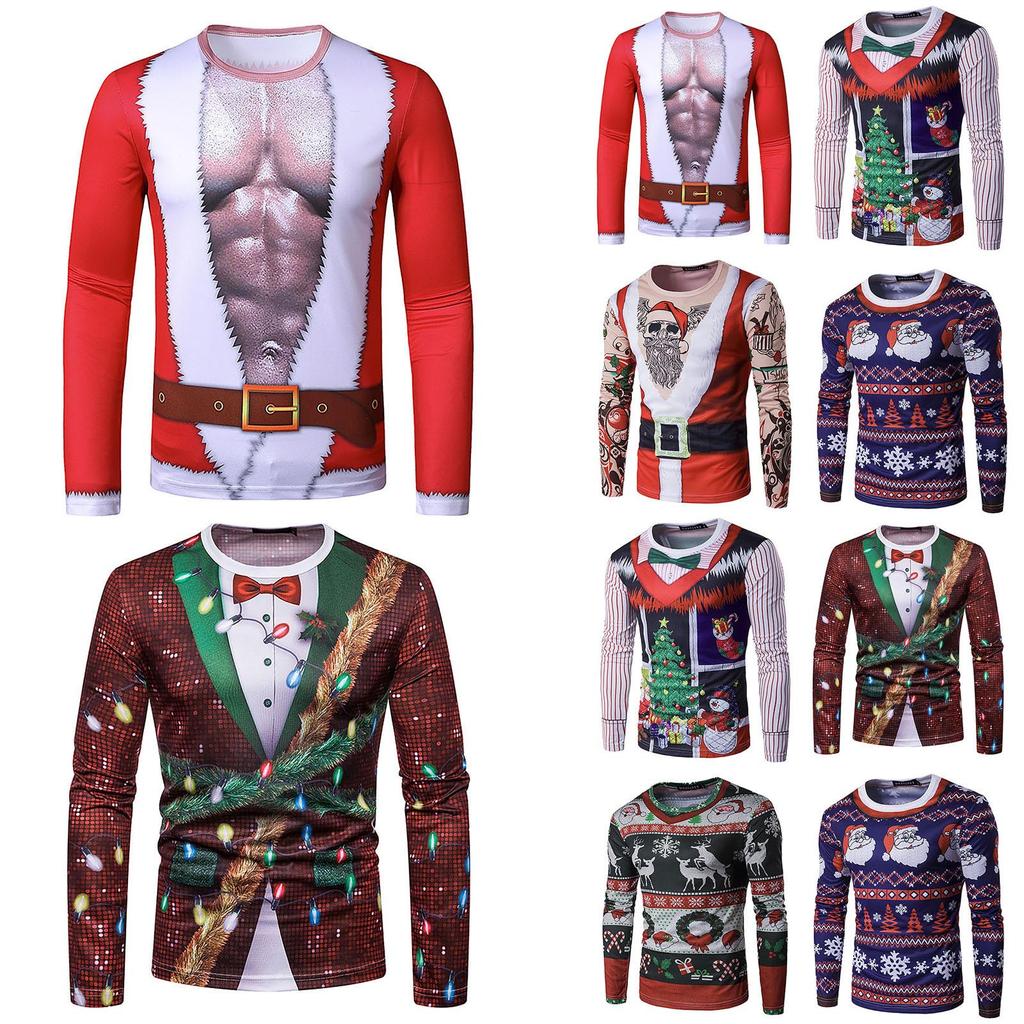 Men's Round Neck Slim Fit Long Sleeve Top Christmas Print T-shirt