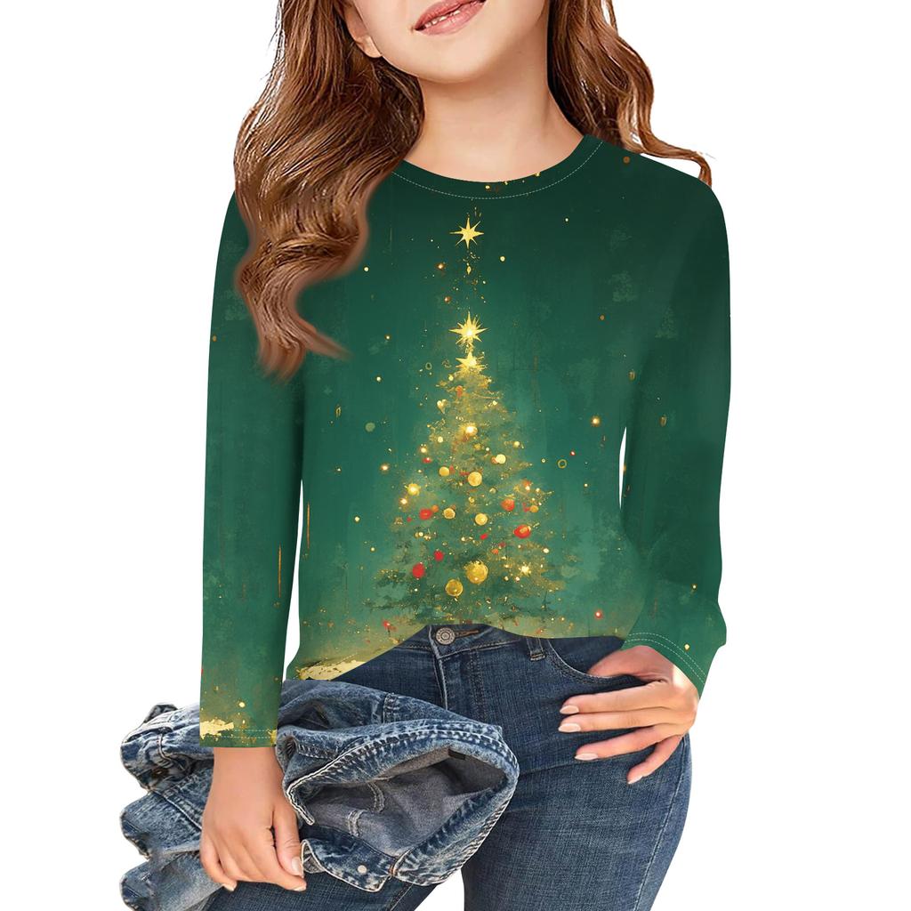Christmas Day Girls Long Sleeve T Shirts Kids Fall Tops Crewneck Printed Basic Tees