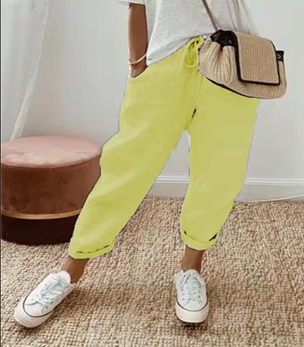 Women Mid Waist Drawstring Linen Harem Pants, Pocket Cuffed Ankle Loose Casual Trousers S-5XL Spring Daily Wear