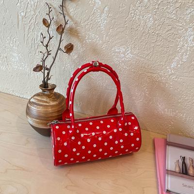 2026 Borsa Mini Cilindrica Dolce Retro a Pois Rossi in Pelle Verniciata con Manico Superiore per Uscite Casual e Appuntamenti