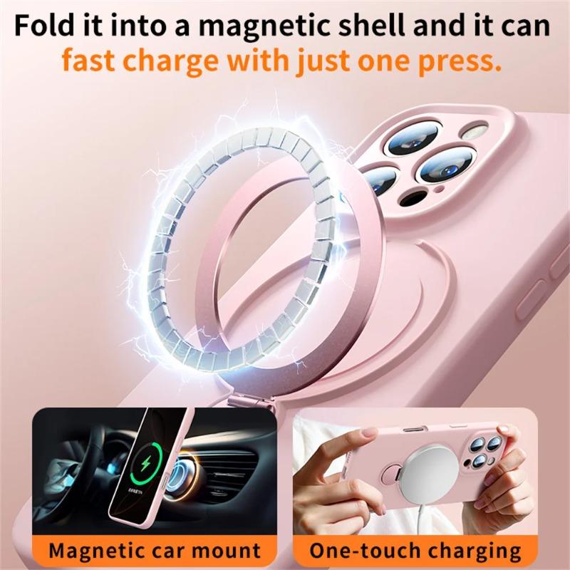 Magnetic Bracket Phone Case For iPhone Air 17 16 15 14 13 Pro Max for Magsafe Liquid Silicone 360°Rotate Metal Ring Stand Cover