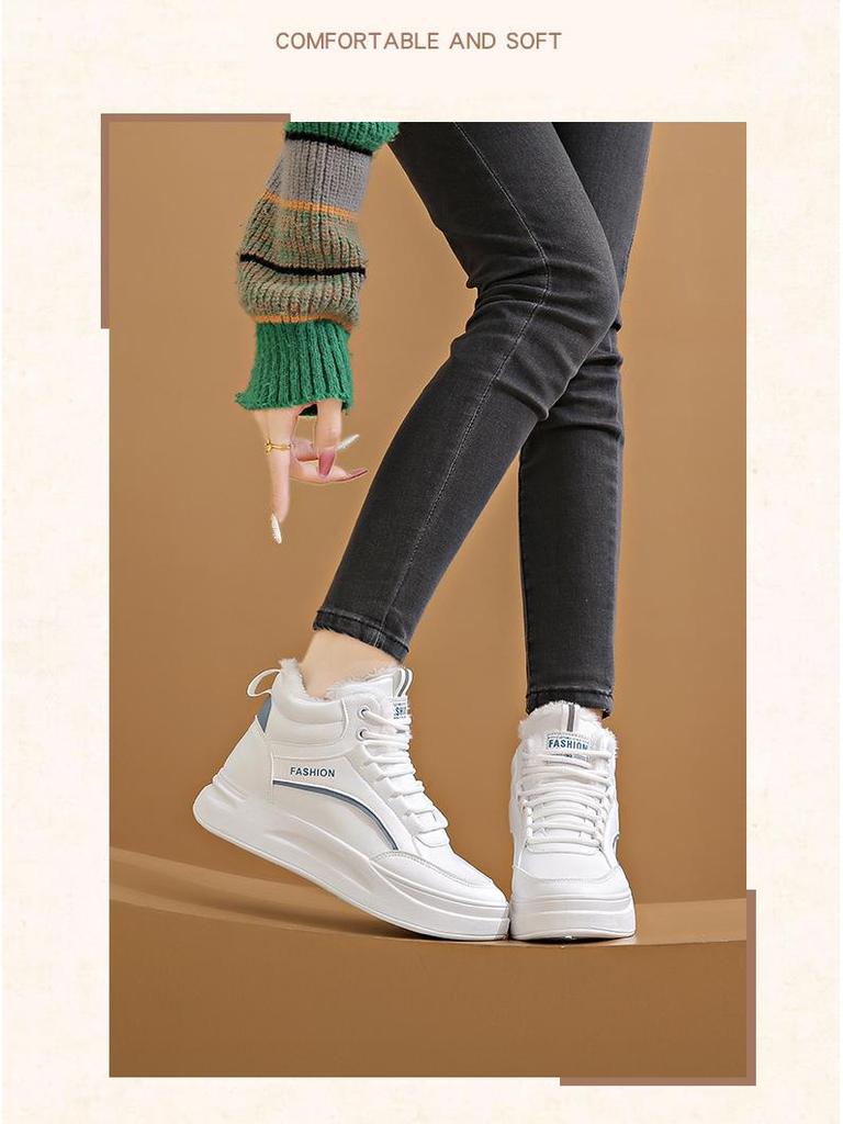 Ins Plush Velvet High-Top White Women's Sneakers - Korean Style, Warm, Versatile, Casual, Winter 2025 (Model: SH889)