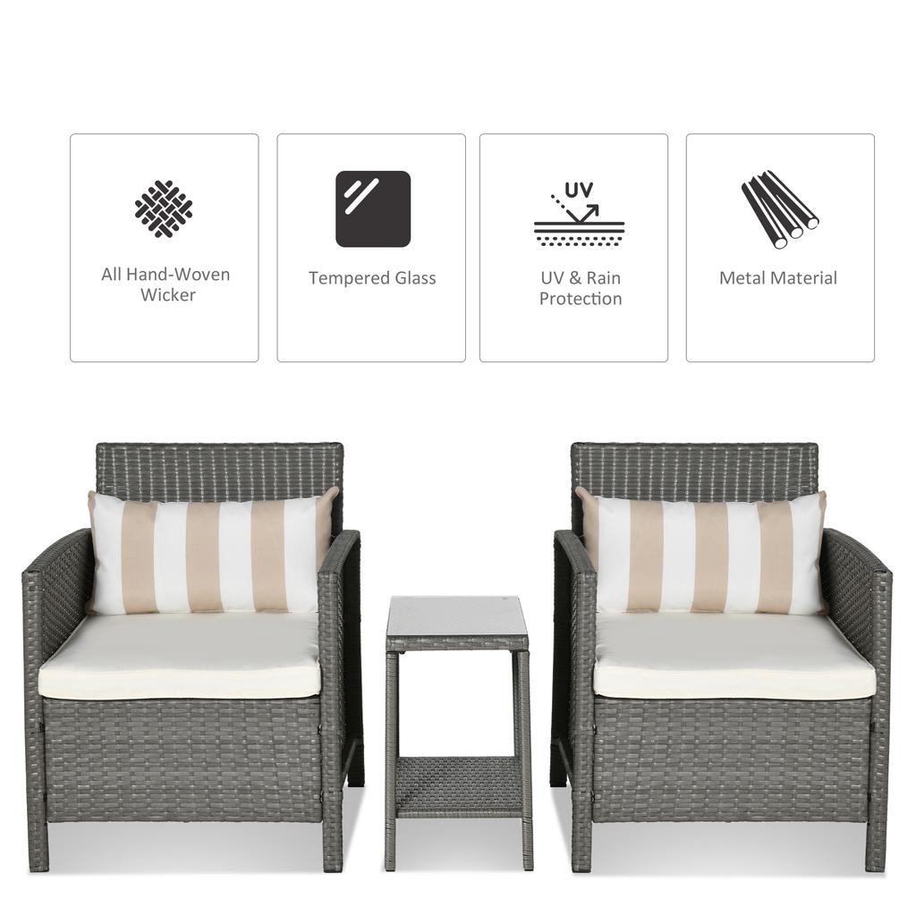 3 Pieces Rattan Bistro Set, Wicker Garden Furniture Set, Glass Top 2-tier Coffee Table and Chairs Set with Pillows and Washable Cushions for Outdoor