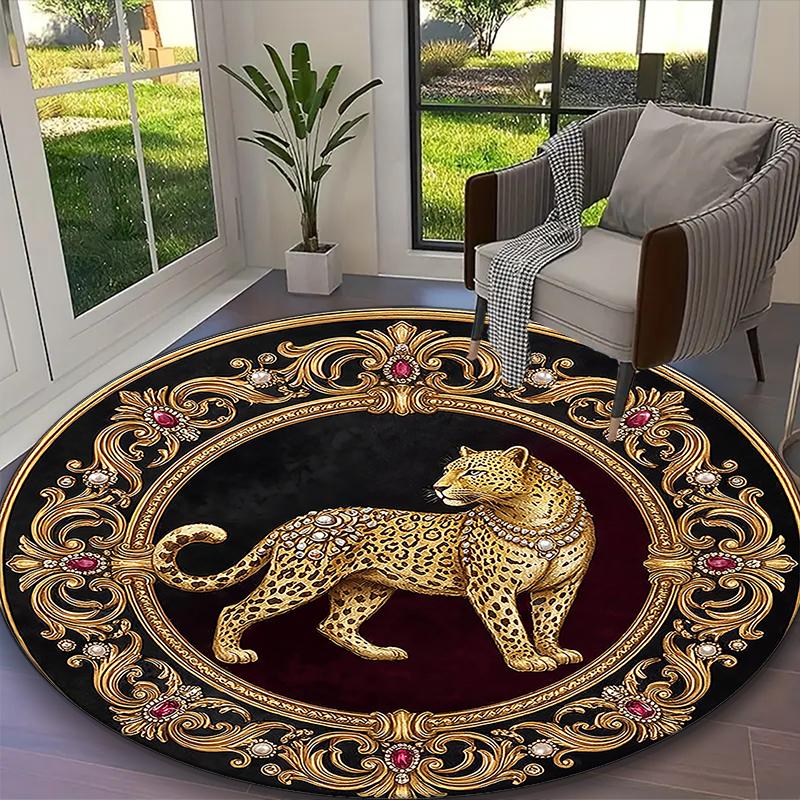 1pc Office Carpet, Golden Vintage Leopard Chair Rug, Living Room Printed Round Rug, Home Chair Floor Mat