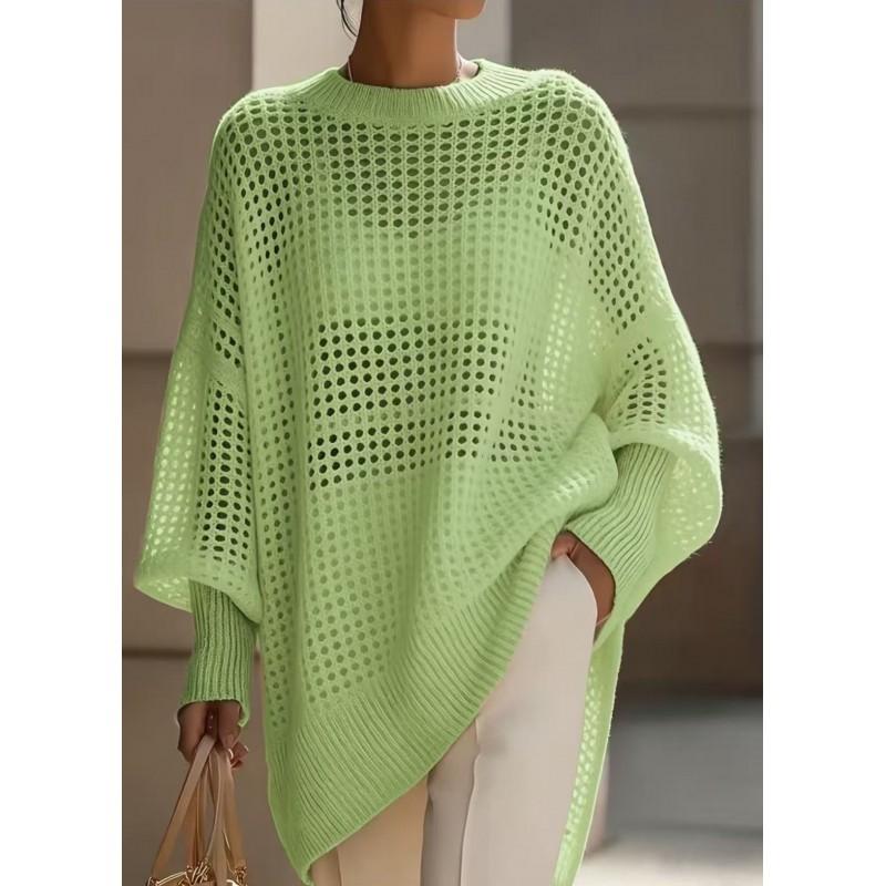 Oversized 2026 Knit Sweater Women Loose Fit Crochet Cutout Top Long Sleeve Round Neck Casual Pullover