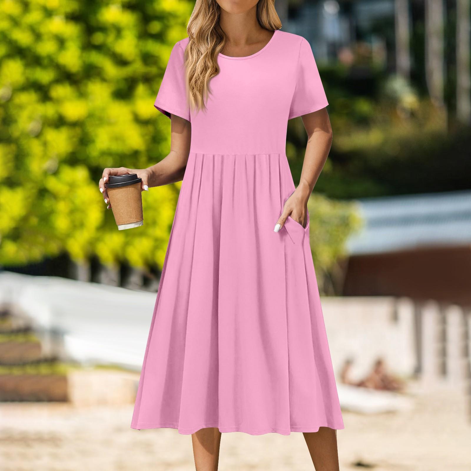 

Женское повседневное платье миди с круглым вырезом, классическое повседневное платье с коротким рукавом свободного кроя XL розовый