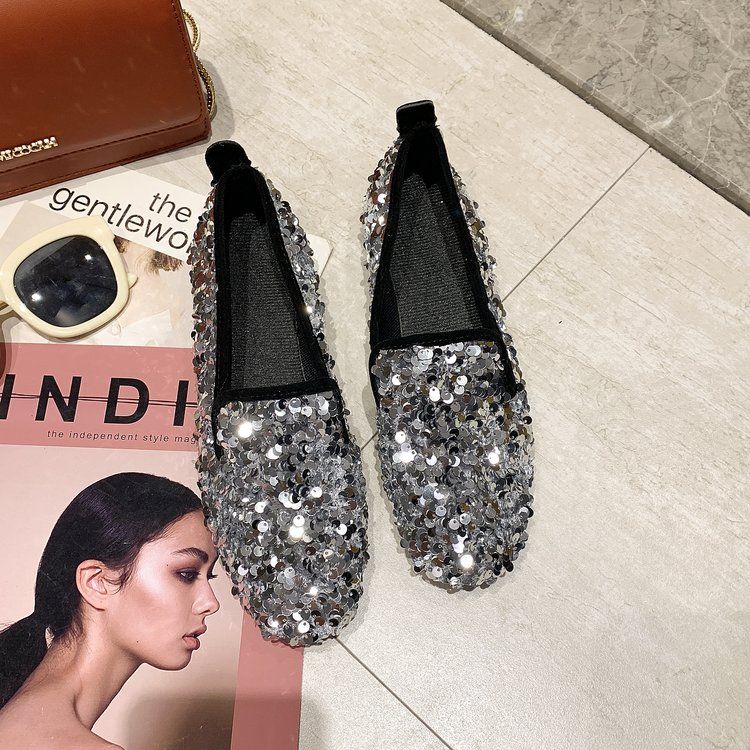 Dámské ploché boty s kulatou hlavou mělké prodyšné podzimní flitrové zakrývací boty pohodlné boty pro volný čas a všestranné