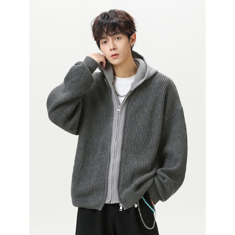 Wassup Fake Two-Piece Cardigan Hooded Sweater Chinese Trendy Brand Autumn and Winter Loose Retro Knit Sweater Zipper Jacket for Men
