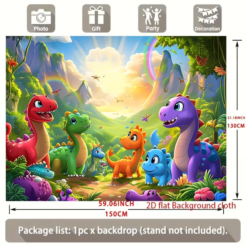 Cute Cartoon Dino Tapestry, Rainbow Mountain & Jungle Wall Hanging, Bright Prehistoric Animal Wall Decor for Kids Room