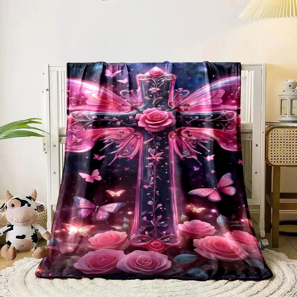 

A glowing pink cross with roses, butterflies, and intricate floral designs. for all seasons blanket lunch break throw gift 80cm x 120cm