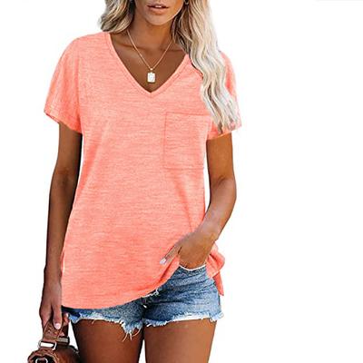 Sommer Lockeres und Lässiges V-Ausschnitt Kurzarm Tasche Einfarbiges T-Shirt für Damen