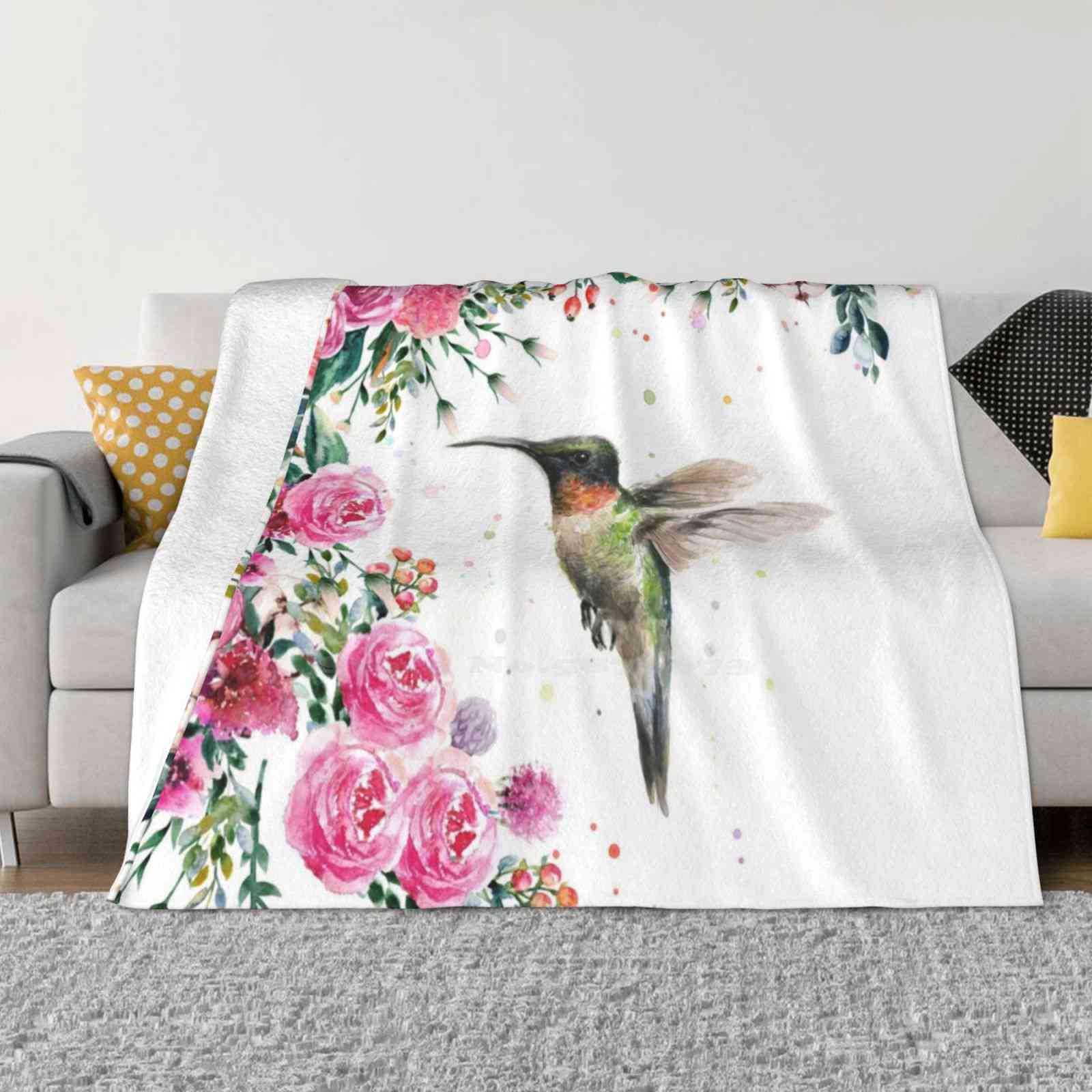 Колибри и Цветы Акварель Новая Продажа Печать на Заказ Фланелевое Мягкое Одеяло Цветочный Узор Колибри Акварельные Животные 30x40in