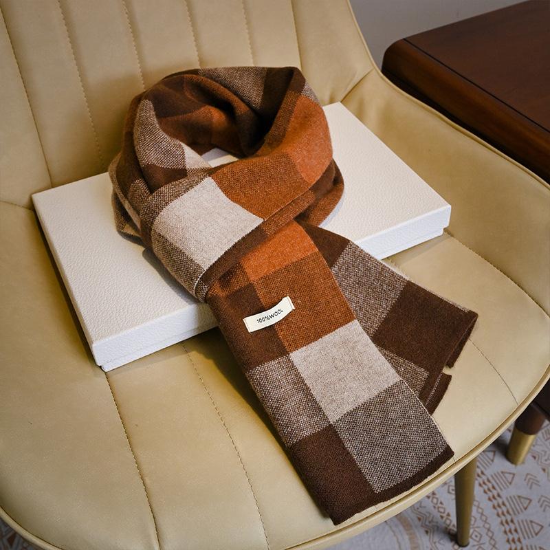 

Клетчатый шарф мужской из чистой шерсти зимний универсальный утолщенный для отправки старшим вязаный шарф мужской подарок на день рождения