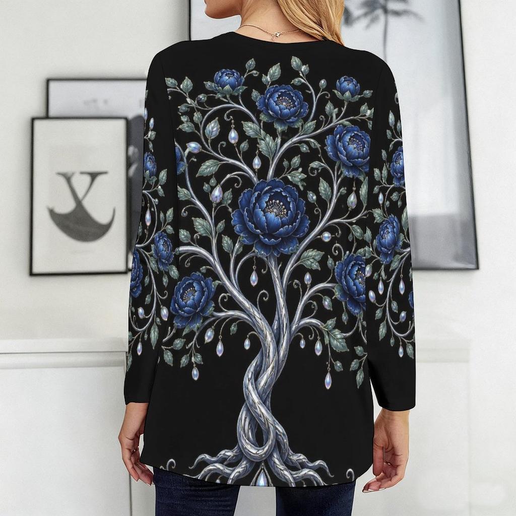 Women Plus Size Round Neck Long Sleeve Black Printed Loose Longline T Shirt With Pockets