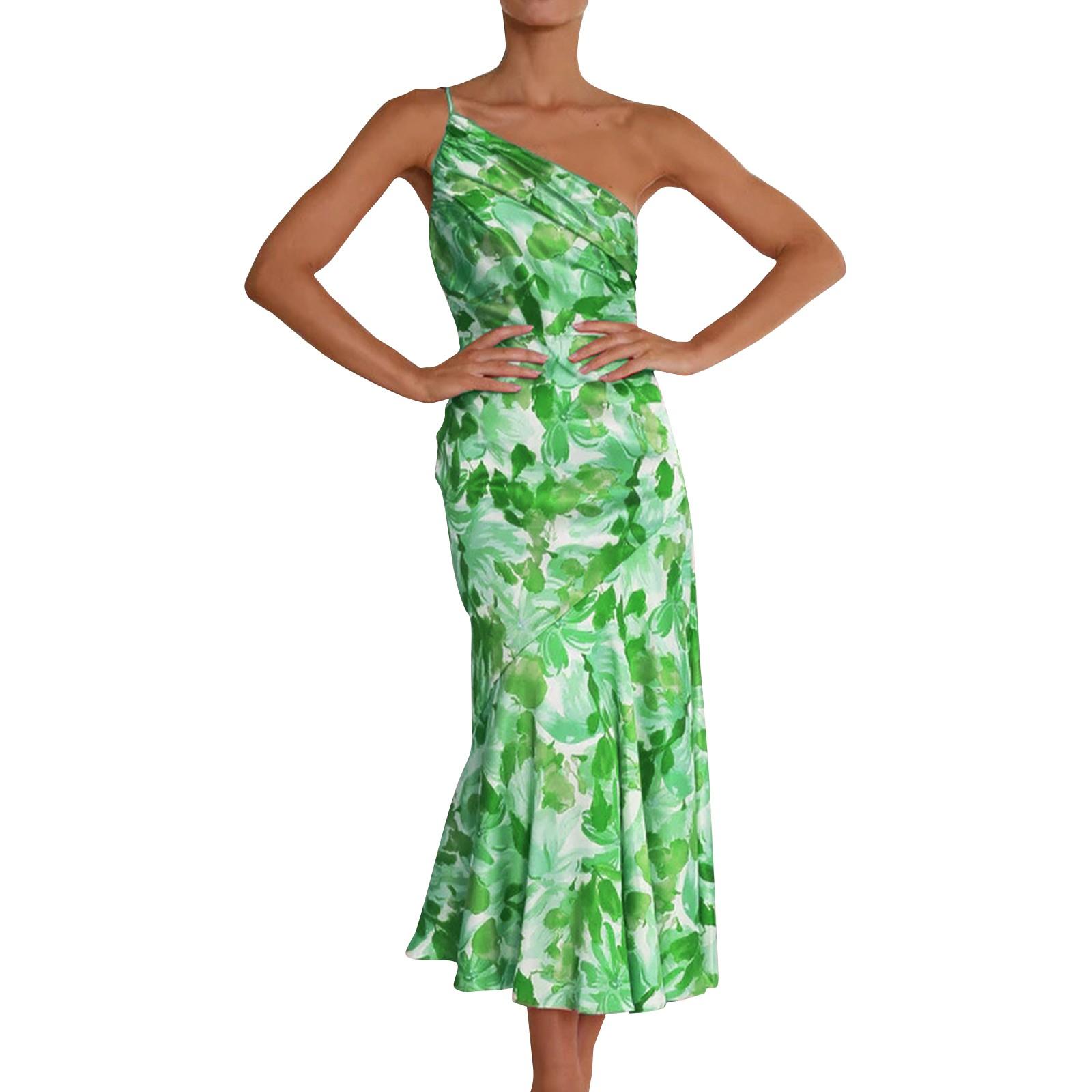 Stylish Slant Neck Strap Fishtail Print Dress L зелёный