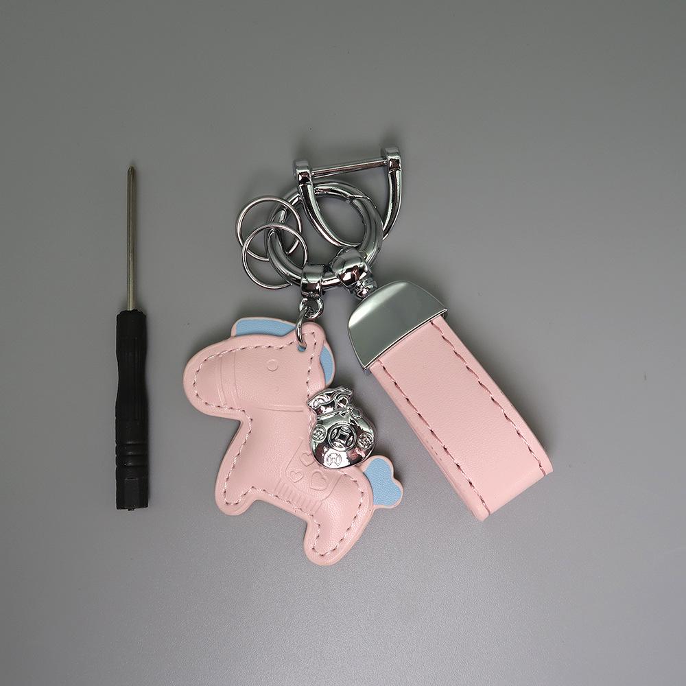Instant Wealth Leather Keychain with Cartoon Pony Pendant for Couples – Trendy Bag and Car Accessory