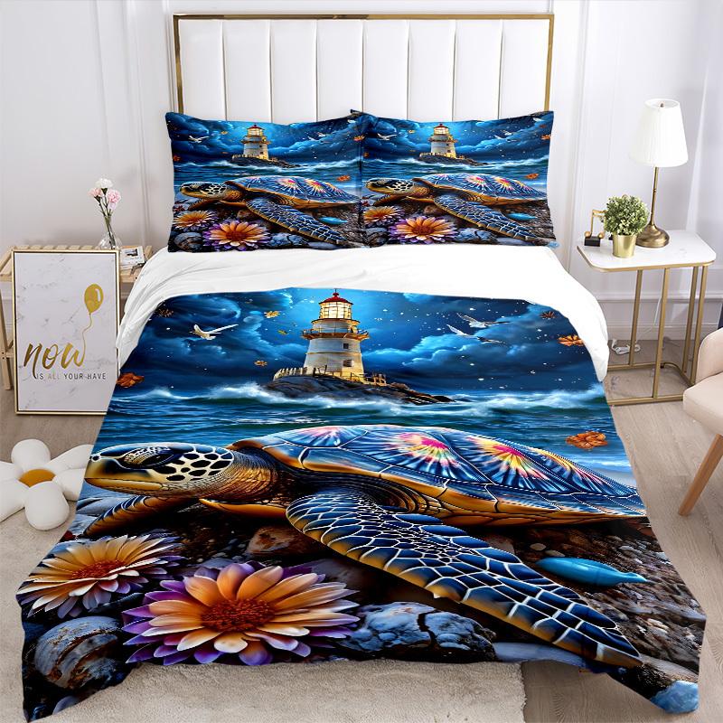 3pcs Lighthouse, Sea Turtle Duvet Cover Set - Machine Washable, Includes 1 Cover and 2 Pillowcases, No Core Included Yy251013005