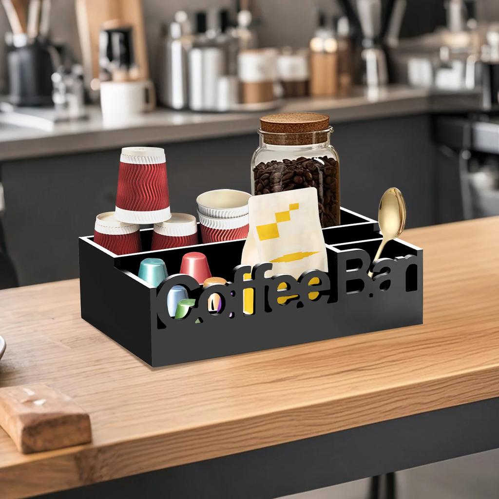 Solid Wood Coffee Bar Organizer, Multipurpose Pods Holder & Condiment Storage, Easy Use Home Kitchen Basket