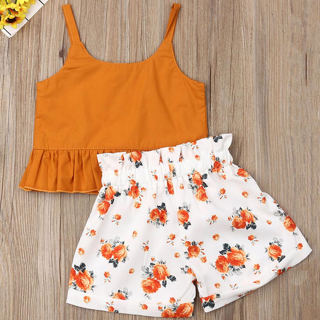 Elroy 2Pcs Kids Clothes Outfit Girl Printed Shorts Pants Ruffle Top Button Vest