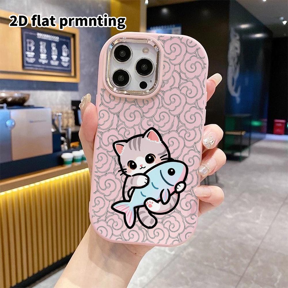 Phone Case: 2D Flat Design Suitable for iPhone 18 17 16 15 14 13 Pro Protective Case, Couple Style, Gray Cat Hugging Colorful Fish, Christmas and Hall