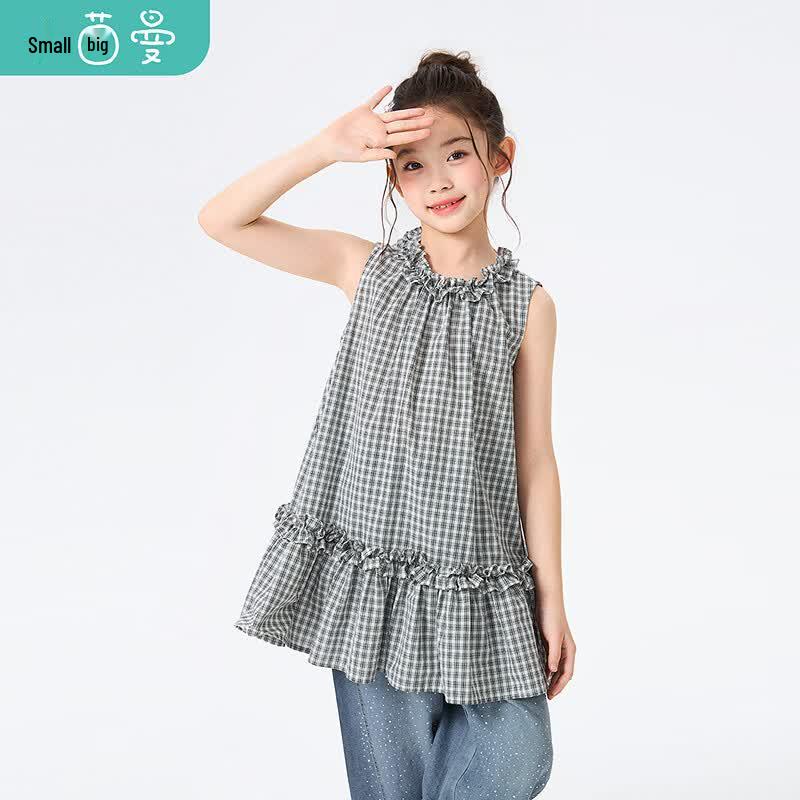 Girls Plaid Ruffle Sleeveless Shirt 150