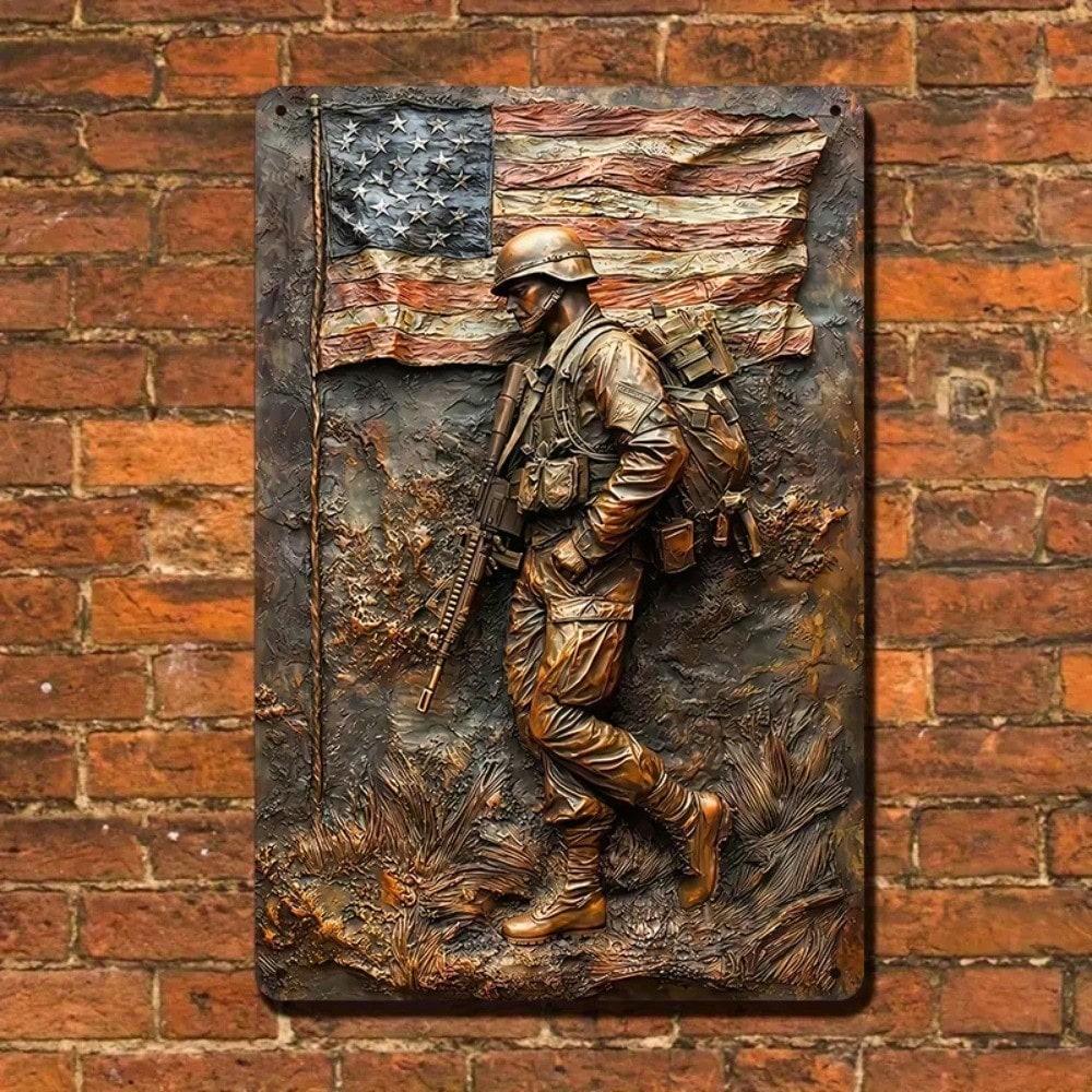 Vintage Patriotic Soldier Metal Wall Art American Flag Tin Sign Military Decor 8x12 Inches 20x30 CM
