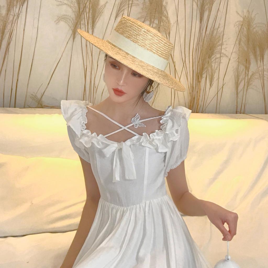 Women's flat-top summer straw hat, vacation wheat straw woven seaside beach hat, internet celebrity sun protection British-style fedora