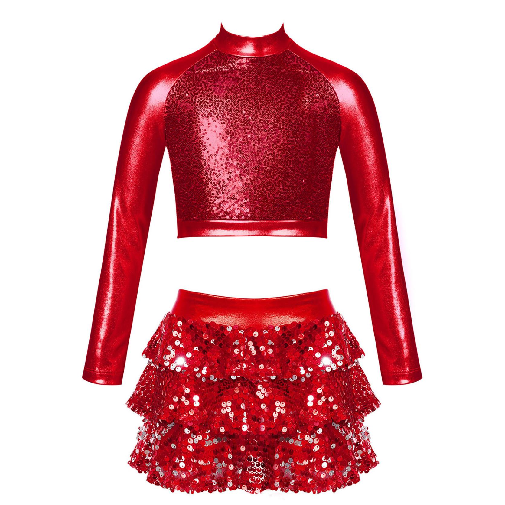 IEFiEL Kinderen meisjes jazzdansvoorstelling kostuum glanzend metallic crop top met lange mouwen en shorts met rok ballet gymnastiekoutfits 5-6 Years rood