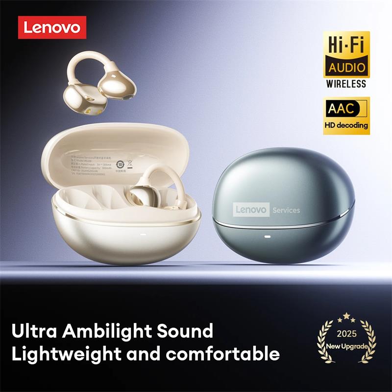 Lenovo RS106 Clip-On Open-Ear Earbuds Bluetooth 6.0, 24H Play, USB-C Fast Charge, Dolby HiFi Bass, ENC Calls, Water-Drop Arc Comfort Sports Headphones