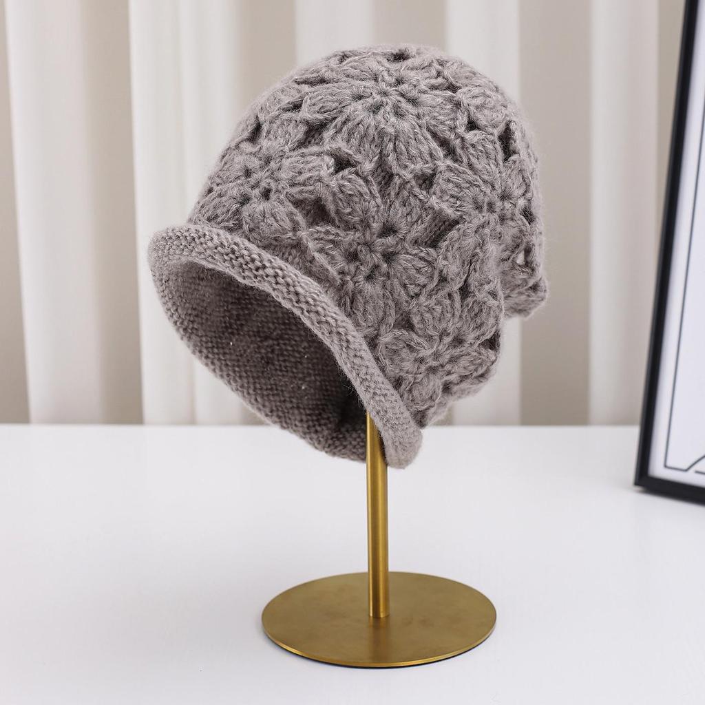 Handmade Double-Layer Crochet Wool Beanie with Roll-Up Brim for Women