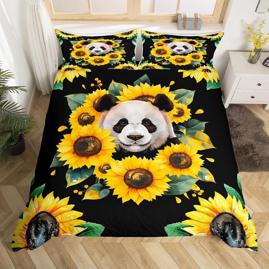Cute Panda Duvet Cover Set Twin Queen Cartoon Wild Animal Bedding Set Minimalism Hand Drawn Comforter Cover Kawaii Room Decor