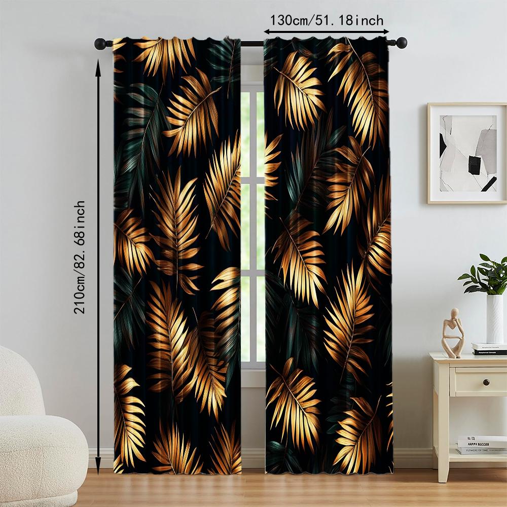 2 pcs   versatile polyester transparent curtains for home decoration Boho black Gold Leaf for use in bedrooms and living rooms
