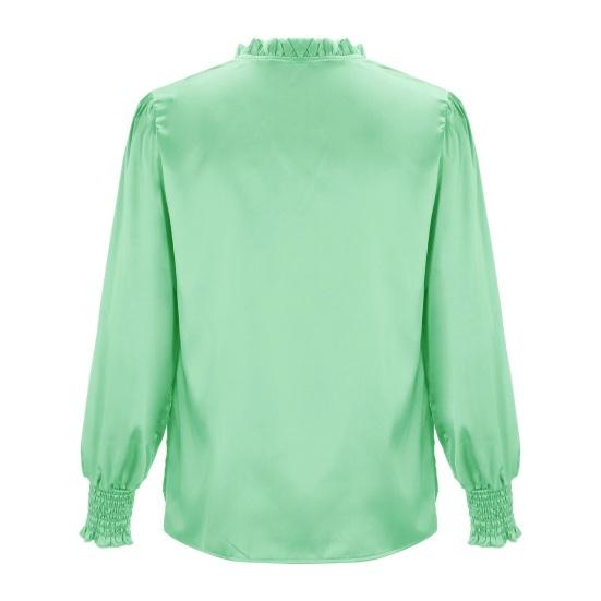 Women Shirt Stand Collar Ruffle Trim Long Sleeve Pullover Tops Solid Color Silky Satin Shirt Loose Fit Casual Tops
