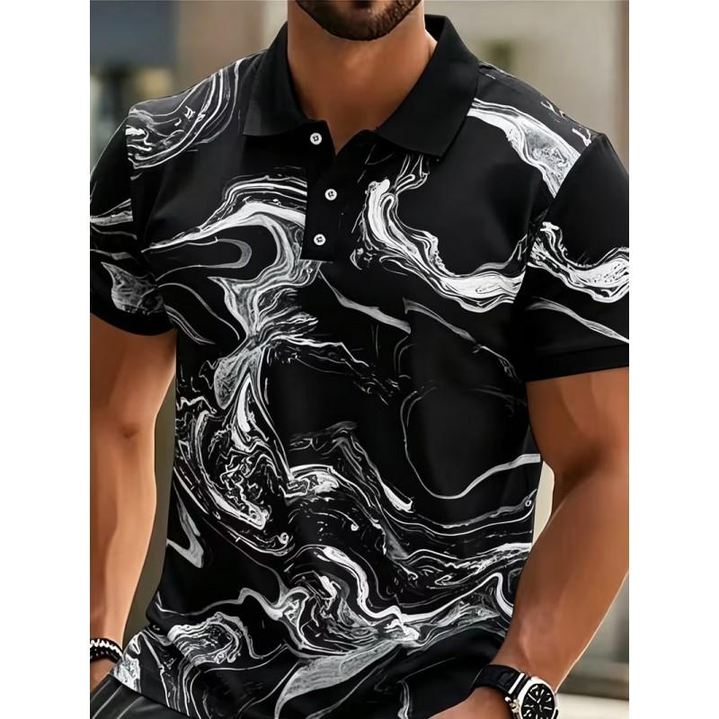 Mens 3D Marble Print Polo Shirt Loose Fit Short Sleeve Breathable Pique Cotton Casual Wear