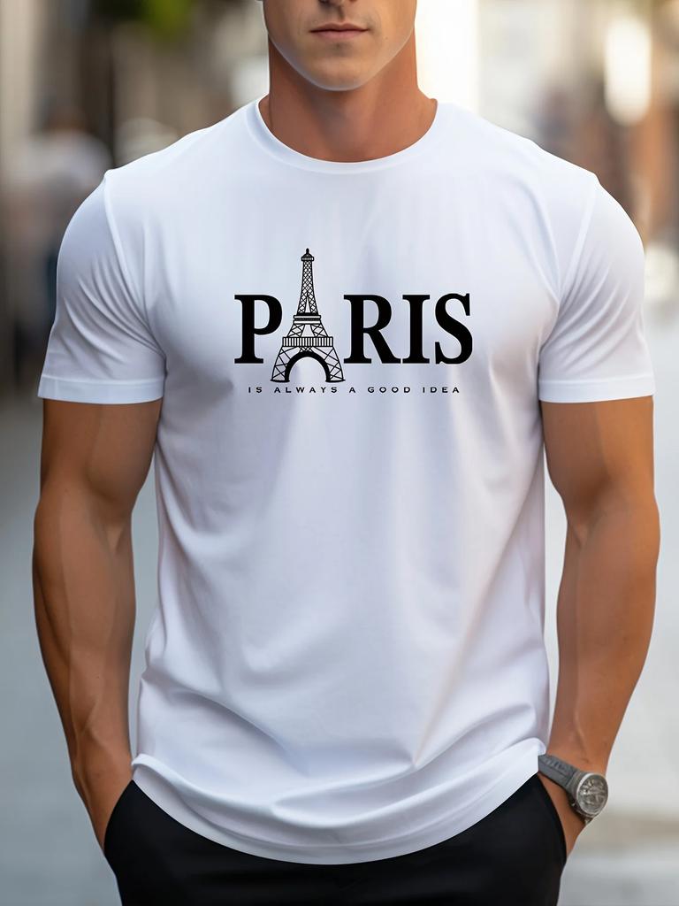 Men's PARIS Letter Pattern Print Cotton T-shirt Summer Loose Sizecasual Comfortable Round Neck Short Sleeved T-shirt Top