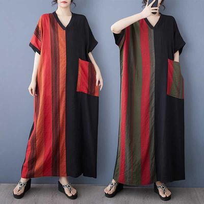 Summer Thin Cotton Linen Short Sleeved Contrasting Splicing Long Dress for Women