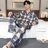 Spring Cotton Plaid Pajama Set for Men Long Sleeve Cardigan Trousers Homewear Loungewear Homme