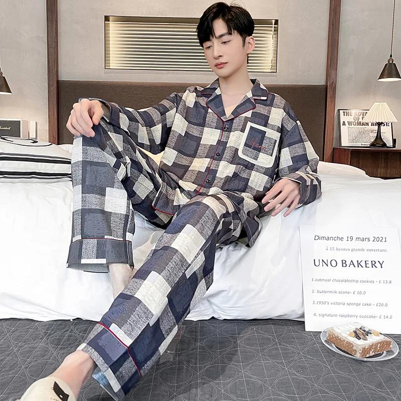 Plaid Style Men's Pajamas Set Spring Cotton Male Pajamas Sets Young Boy Sleepwear Long Sleep Tops + Pant 2pcs/set Pjs