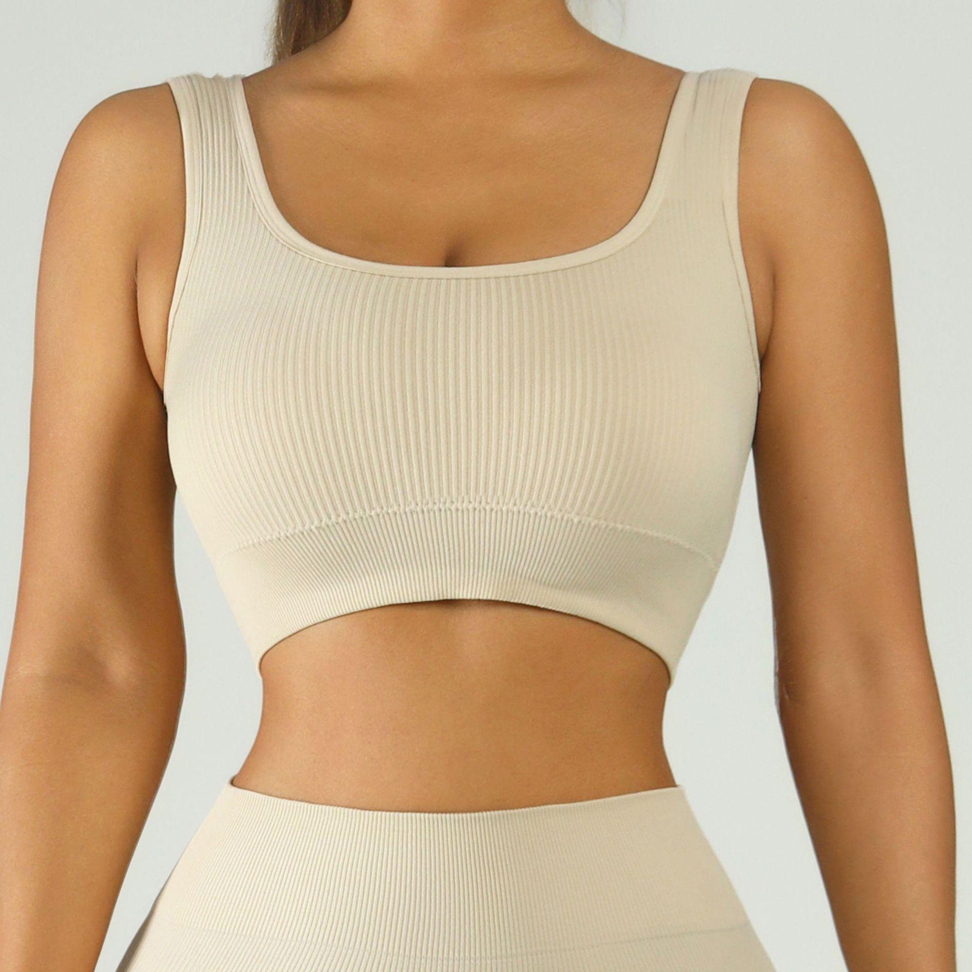 

Classic Ribbed Yoga Fitness Tank Top with Chest Pads, Elastic U-Neck Sports Bra S