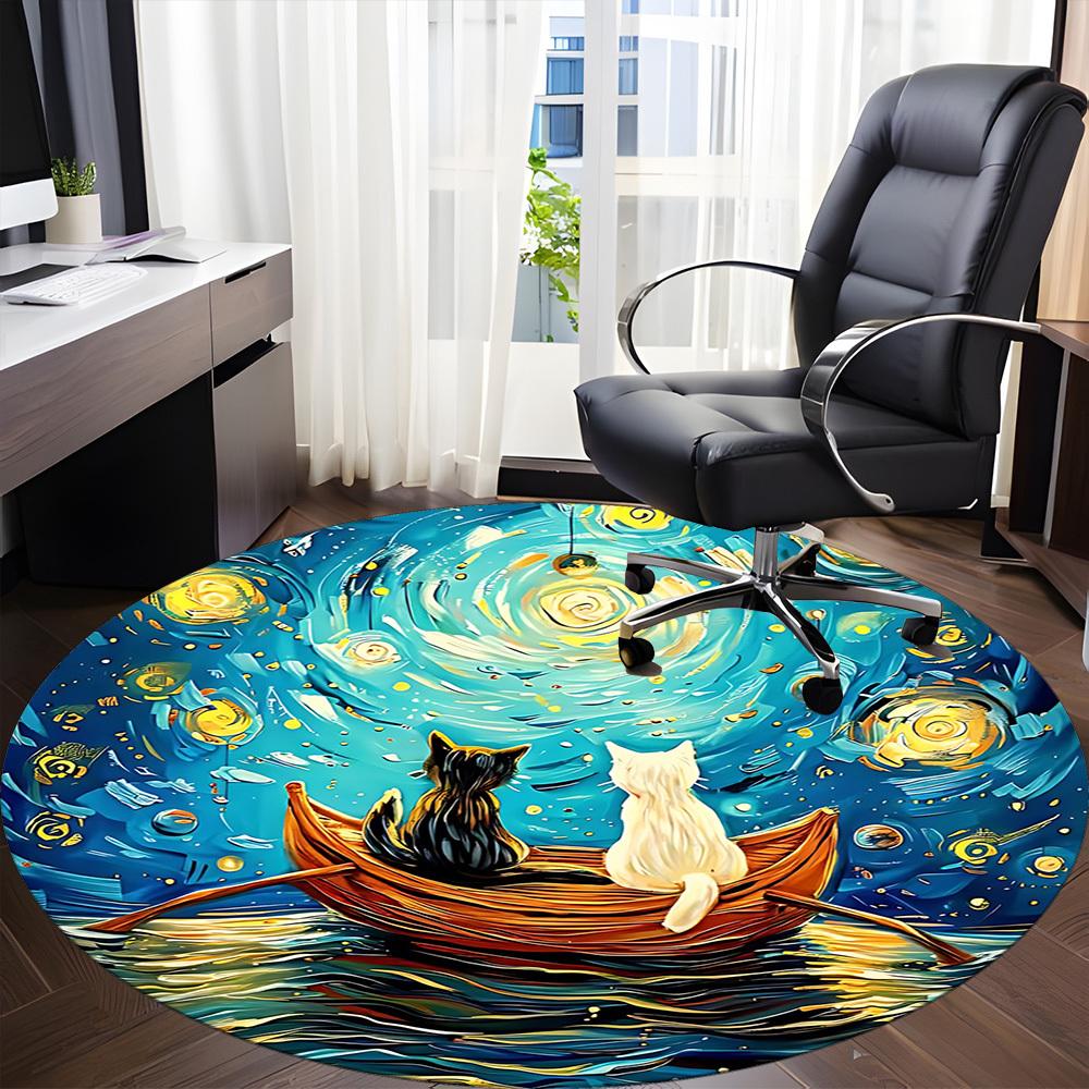 1pc Cat Boat Office Round Area Rug, Under Office Chairs Bedroom Living Room Home Decor, Room Deco, Available in Various Sizes