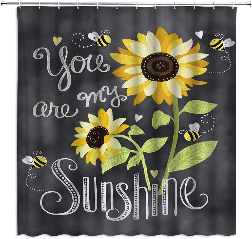 

Rustic Sunflower Bee Shower Curtain You Are My Sunshine Vintage Yellow Sunflower Bee Gray Retro Bathroom Fabric Decor Curtain W60H190(CM)-1 Pcs