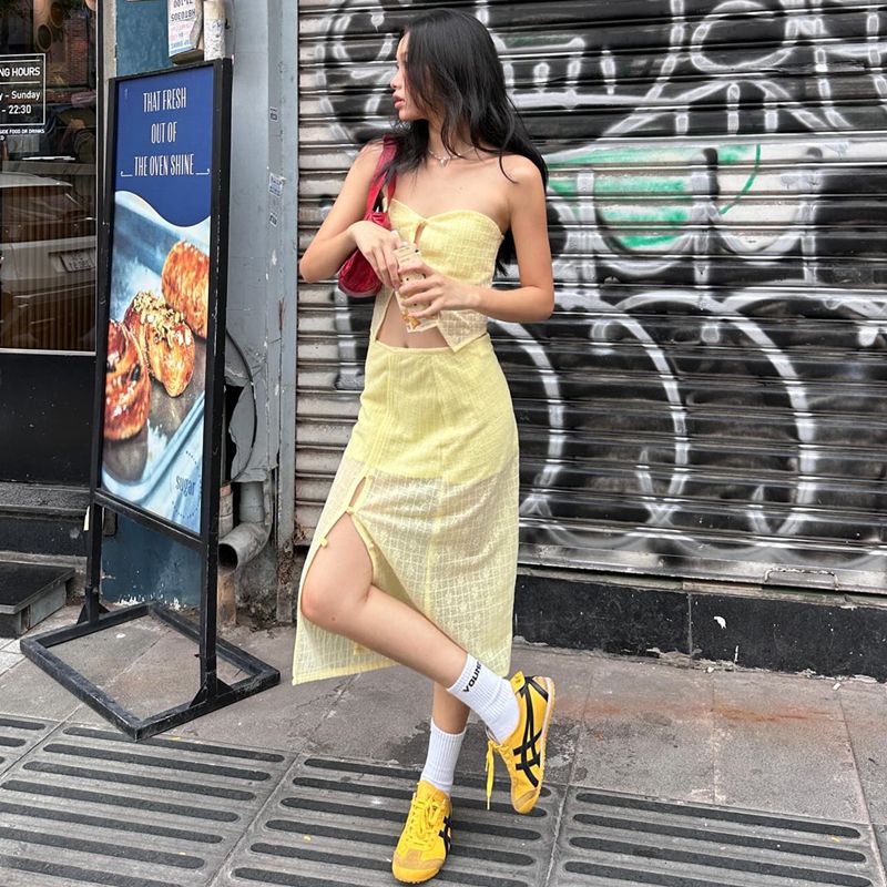 

American Style Sexy Cut Out Print Tube Top Vest Women s Autumn + Elegance Slit Slim-Fitting Slim Looking Sheath Dress Suit Yellow (In Stock) L