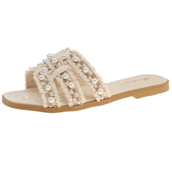 Internet Celebrity Small Fragrant Wind Pearl Slippers Women's Summer 2025 New Wear Flat Beach One Word Sandals Fashion with Skirt